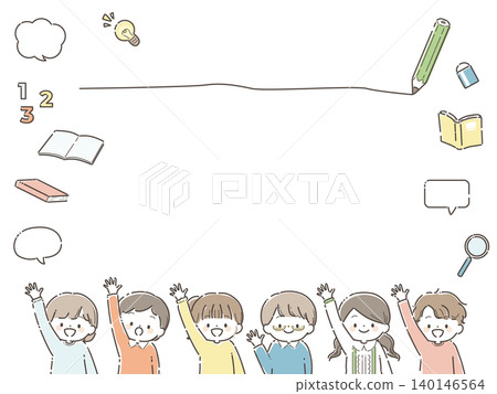 教育類插圖，描繪了孩子們微笑地舉起雙手。 140146564