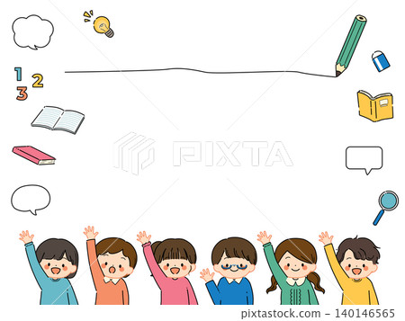 Educational frame illustration (pop colors) of children raising their hands with smiles 140146565