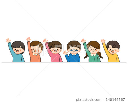 An illustration of children smiling and raising their hands in front of a desk (in pop colors). 140146567