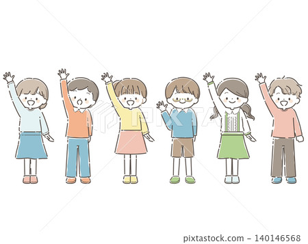 Full-body illustration of children raising their hands with smiles on their faces. Full-body illustration of children raising their hands with smiles on their faces. 140146568