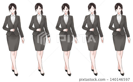 A standing illustration of a woman in a gray suit (with 5 different facial expressions). A standing illustration of a woman in a gray suit (with 5 different facial expressions). 140146597