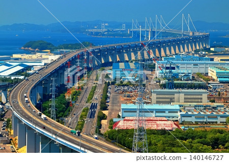 [Kagawa Prefecture] Great Seto Bridge and Bannoshu industrial area seen from Mt. Shotsuji Observatory 140146727