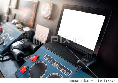 Blank monitor screen of GPS navigation and marine radar on boat dashboard Blank monitor screen of GPS navigation and marine radar on boat dashboard 140146858