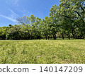 A landscape of blue sky, grassland, and trees. 140147209