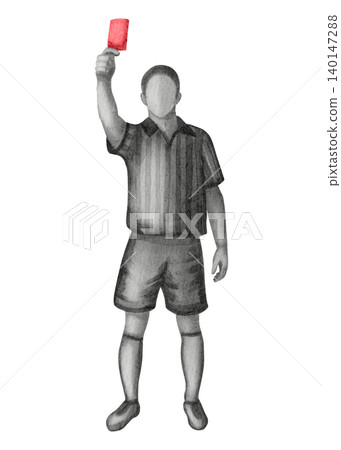 Watercolor illustration of a soccer referee in a striped uniform holding up a red card. Concept of penalty, foul, and sport judgment isolated on white background. Watercolor illustration of a soccer referee in a striped uniform holding up a red card. Concept of penalty, foul, and sport judgment isolated on white background. 140147288