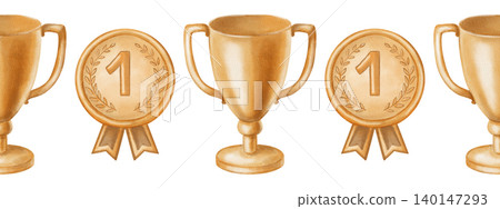 Watercolor seamless border with golden trophy cups, medals, and podium. Hand-drawn victory pattern for sports awards, championship celebrations, and achievement decor. 140147293