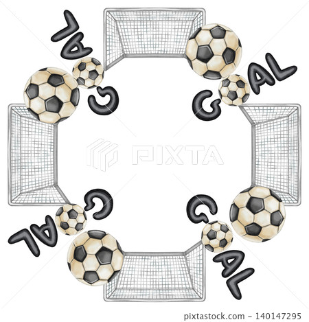 Watercolor football wreath with soccer goals, balls, and Goal lettering. Hand drawn sports frame for sports invitations, tournament posters, and fan club decor. Watercolor football wreath with soccer goals, balls, and Goal lettering. Hand drawn sports frame for sports invitations, tournament posters, and fan club decor. 140147295