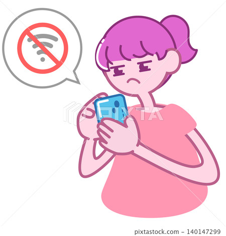 A woman is worried because her smartphone won't connect to Wi-Fi. A woman is worried because her smartphone won't connect to Wi-Fi. 140147299