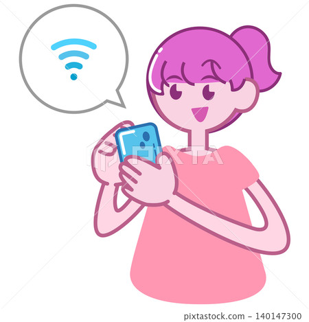 一名女子手持連接 Wi-Fi 的智慧型手機。 一名女子手持連接 Wi-Fi 的智慧型手機。 140147300