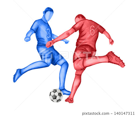 Watercolor illustration of two soccer players in red and blue uniforms competing for the ball. Dynamic football match action isolated on white background.Soccer. Sport. Sports competition. Watercolor illustration of two soccer players in red and blue uniforms competing for the ball. Dynamic football match action isolated on white background.Soccer. Sport. Sports competition. 140147311