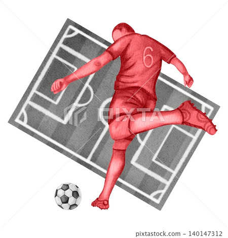 Watercolor illustration of a soccer player dribbling a ball against a soccer field. Dynamic sports action and movement, isolated on a white background. Soccer. Sport. Sports competition. 140147312