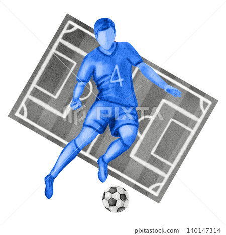 Watercolor illustration of a soccer player dribbling a ball against a soccer field. Dynamic sports action and movement, isolated on a white background. Soccer. Sport. Sports competition. 140147314