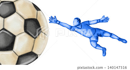 Watercolor illustration of a soccer player and goalkeeper catching the ball. Dynamic athletic action and movement, isolated on a white background. Football. Sport. Sports competition 140147316