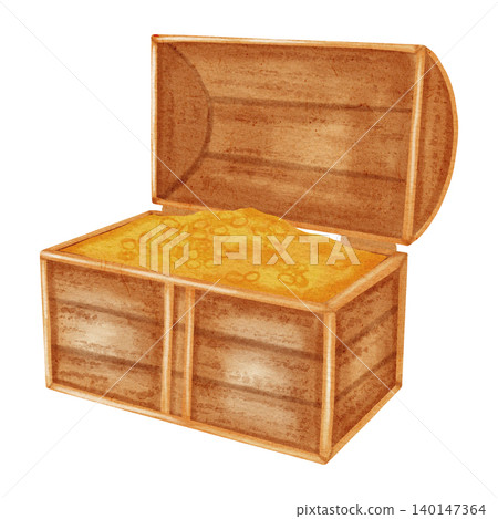 Watercolor illustration of an open wooden treasure chest full of gold coins. Antique pirate pirate trunk with gold. Marine adventure, wealth concept. Suitable for design, prints, postcards, sea travel Watercolor illustration of an open wooden treasure chest full of gold coins. Antique pirate pirate trunk with gold. Marine adventure, wealth concept. Suitable for design, prints, postcards, sea travel 140147364
