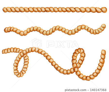 Watercolor illustration set of various nautical rope lines and curves. Straight, wavy and curled jute cord. Ship ropes. Nautical knot.Suitable for design, prints, postcards, sea travel Watercolor illustration set of various nautical rope lines and curves. Straight, wavy and curled jute cord. Ship ropes. Nautical knot.Suitable for design, prints, postcards, sea travel 140147368