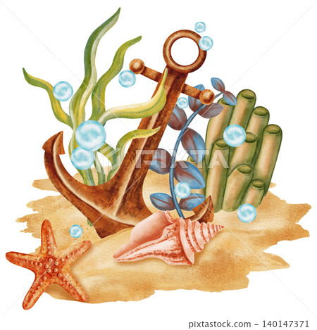 Watercolor illustration of an anchor on a sandy seabed surrounded by corals, seaweed, starfish, and shell. Underwater marine scene. Children's, nautical, sea travel themes 140147371