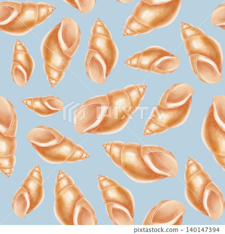 Seamless watercolor pattern featuring various sea shells, spiraled conchs, and elegant white pearls. Children's, nautical, travel themes. Suitable for design, prints, postcards, sea travel  140147394
