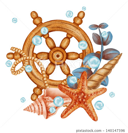 Watercolor marine composition with wooden ship wheel, orange starfish, seashells and sea plants. Bright illustrations, suitable for cheerful summer designs, textiles. Print for children's. 140147396