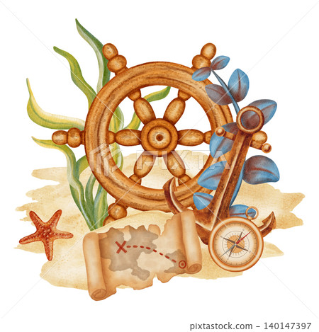 Nautical watercolor composition with ship wheel, anchor, treasure map, compass and starfish on sand. Marine design. Summer ocean pattern for textile, wallpaper, fabric and interior design. 140147397