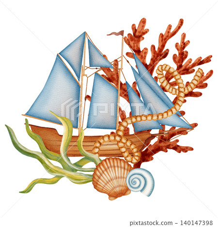 Watercolor illustration of sailing ship with red corals, seaweed, seashells and rope. Children's, nautical, travel themes. Suitable for design, prints, postcards, sea travel. Marine symbol 140147398