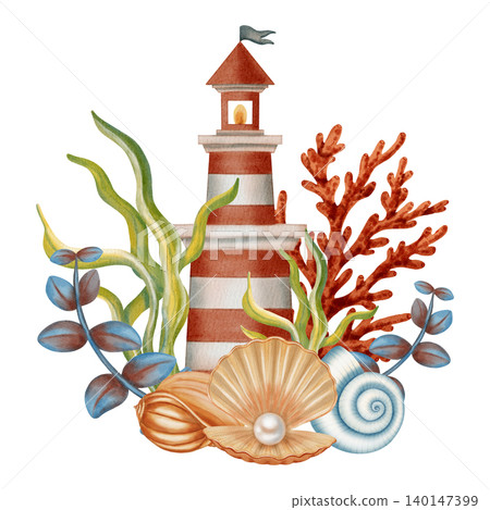Watercolor illustration of composition with a red lighthouse, starfish, sea shells, coral, underwater plants. Children's, nautical, travel themes. Suitable for design, prints, postcards, sea travel  140147399