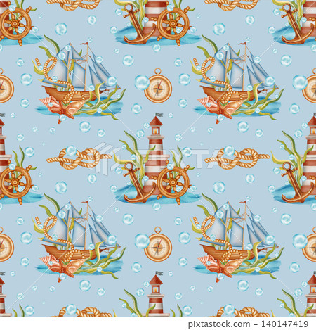 Nautical seamless pattern with watercolor sailboats, lighthouses, compasses, and anchors. Children's, nautical, travel themes. Suitable for design, prints, postcards, sea travel Nautical seamless pattern with watercolor sailboats, lighthouses, compasses, and anchors. Children's, nautical, travel themes. Suitable for design, prints, postcards, sea travel 140147419
