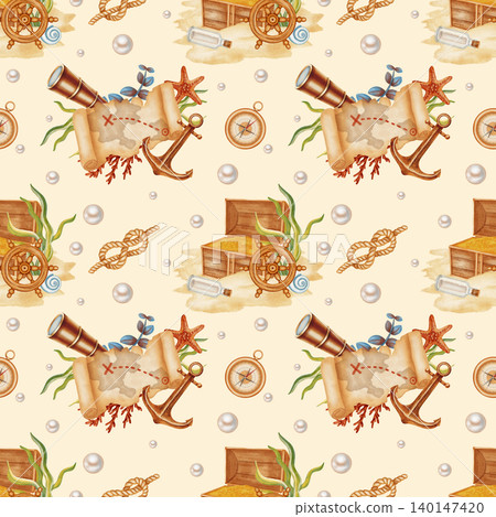 Pirate treasure seamless pattern featuring watercolor treasure maps, open chests with gold, spyglasses, pearls. Children's, nautical, travel themes. Suitable for design, prints, postcards, sea travel Pirate treasure seamless pattern featuring watercolor treasure maps, open chests with gold, spyglasses, pearls. Children's, nautical, travel themes. Suitable for design, prints, postcards, sea travel 140147420