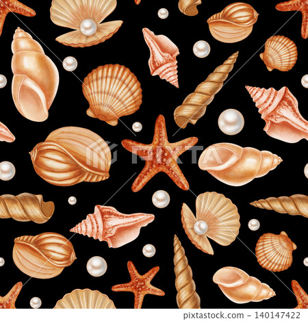 Seamless watercolor pattern featuring various sea shells, spiraled conchs, and elegant white pearls. Children's, nautical, travel themes. Suitable for design, prints, postcards, sea travel  140147422