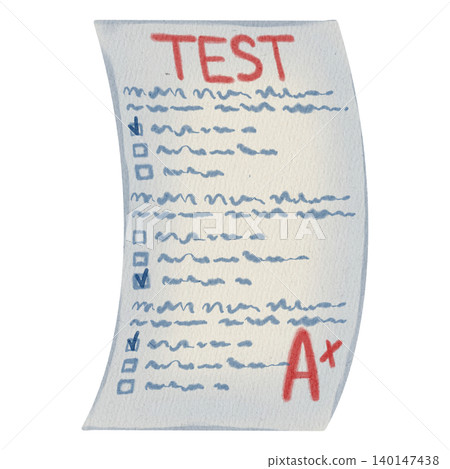 Hand-drawn watercolor school test paper with check marks and high grade A plus in red ink. Perfect for educational banners, fall posters, back to school promotions, children textbooks 140147438