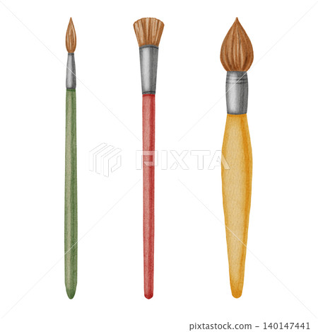 Watercolor illustration of three different artistic paintbrushes with various bristles and wooden handles. Perfect for art education, creative school classes, and stationery themes, back to school 140147441