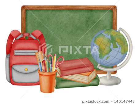 Watercolor illustration green chalkboard copy space with school backpack, books, globe, stationery, and test. Traditional symbol of the first of September, knowledge day, back to school season Watercolor illustration green chalkboard copy space with school backpack, books, globe, stationery, and test. Traditional symbol of the first of September, knowledge day, back to school season 140147445