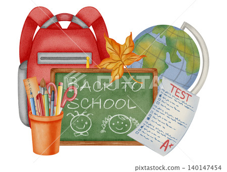 Watercolor illustration green chalkboard with text Back to School, red backpack, globe, stationery, autumn leaf. Traditional symbol of the first of September, knowledge day, back to school season Watercolor illustration green chalkboard with text Back to School, red backpack, globe, stationery, autumn leaf. Traditional symbol of the first of September, knowledge day, back to school season 140147454
