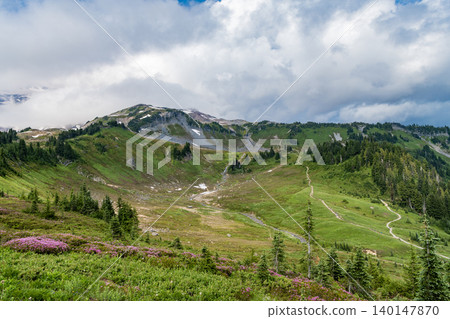 Mount Rainier mountain landscape. Forest nature. Nature in mountain countryside. Scenery landscape of mountain. Scenery autumn countryside. Tahoma mountain landscape with forest. Rolling hills Mount Rainier mountain landscape. Forest nature. Nature in mountain countryside. Scenery landscape of mountain. Scenery autumn countryside. Tahoma mountain landscape with forest. Rolling hills 140147870