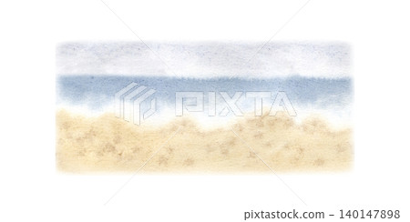 Landscape with calm blue sea and sandy beach watercolor illustration isolated. Hand drawn minimalist marine drawing perfect for summer vacation designs, travel themes and seaside decor. Landscape with calm blue sea and sandy beach watercolor illustration isolated. Hand drawn minimalist marine drawing perfect for summer vacation designs, travel themes and seaside decor. 140147898