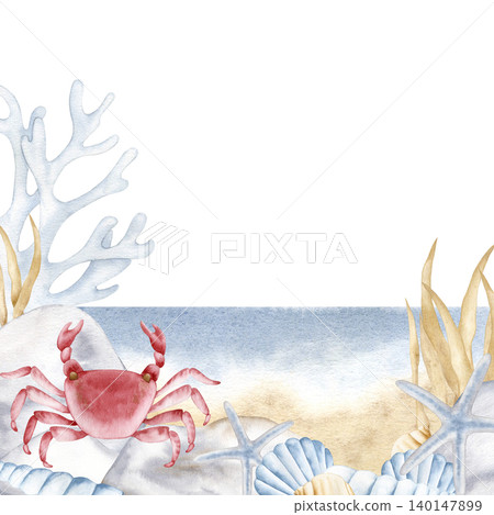 Watercolor square frame with cute red crab, starfish, shells, and coral on sandy beach. Hand drawn nautical border for summer vacation invitations, greeting cards and beach-themed party designs. Watercolor square frame with cute red crab, starfish, shells, and coral on sandy beach. Hand drawn nautical border for summer vacation invitations, greeting cards and beach-themed party designs. 140147899