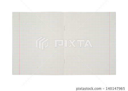 top view of an opened school notebook in a cage on an isolated white background 140147965