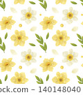 Seamless pattern: yellow, white narcissus, green leaves, twigs, grass, handdrawn watercolor illustration in a flat naive style on a white background. Element for packaging design, textiles, wallpapers 140148040