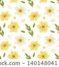 Seamless pattern: yellow, white narcissus, green leaves, twigs, grass, handdrawn watercolor illustration in a flat naive style on a white background. Element for packaging design, textiles, wallpapers 140148041