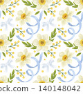 Seamless pattern. Daffodil flowers, green and yellow twigs, leaves, blue bows, ribbons. In a flat style. Watercolor, pastel, gouache. Design element for products, prints, textiles, wallpapers printing 140148042
