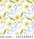 Seamless pattern. Daffodil flowers, green and yellow twigs, leaves, blue bows, ribbons. In a flat style. Watercolor, pastel, gouache. Design element for products, prints, textiles, wallpapers printing 140148043