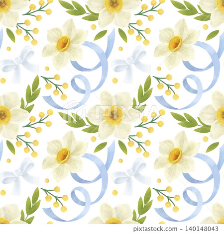 Seamless pattern. Daffodil flowers, green and yellow twigs, leaves, blue bows, ribbons. In a flat style. Watercolor, pastel, gouache. Design element for products, prints, textiles, wallpapers printing Seamless pattern. Daffodil flowers, green and yellow twigs, leaves, blue bows, ribbons. In a flat style. Watercolor, pastel, gouache. Design element for products, prints, textiles, wallpapers printing 140148043
