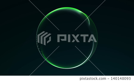 Green neon data orb with curved line structure on a black background, futuristic network sphere with digital depth and cyber technology mood. 140148093