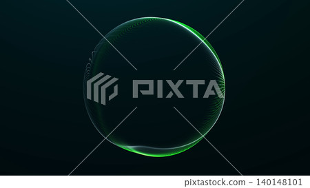 Green digital wireframe sphere with glowing curved lines on a dark futuristic background, cyber data structure with clean technology depth. 140148101
