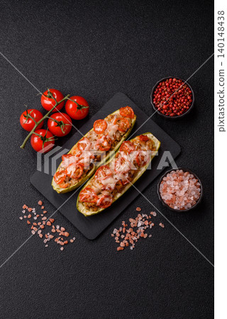 Baked zucchini half with minced meat, tomatoes, cheese, salt, and spices. Zucchini with minced meat Baked zucchini half with minced meat, tomatoes, cheese, salt, and spices. Zucchini with minced meat 140148438