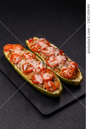Baked zucchini half with minced meat, tomatoes, cheese, salt, and spices. Zucchini with minced meat Baked zucchini half with minced meat, tomatoes, cheese, salt, and spices. Zucchini with minced meat 140148444