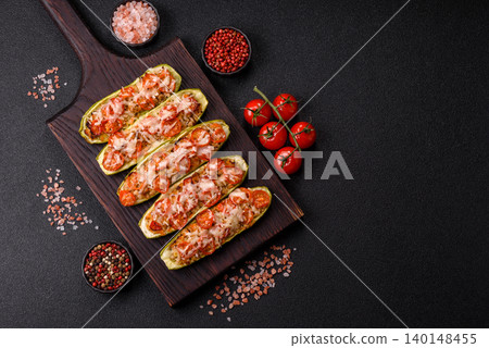 Baked zucchini half with minced meat, tomatoes, cheese, salt, and spices. Zucchini with minced meat Baked zucchini half with minced meat, tomatoes, cheese, salt, and spices. Zucchini with minced meat 140148455