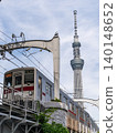 Trains and Tokyo Skytree viewed from Sumida Riverwalk 140148652