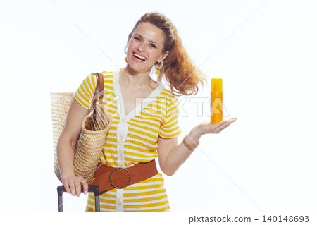 Woman Presenting Sunscreen Bottle for Summer Travel 140148693