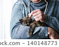 Man in blue knitted sweater gently strokes the ear of small sleepy black kitten lying on his arm. Concept of trust, care, pet adoption 140148773