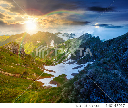 romania mountain landscape on summer solstice. day meet night. travel background of alpine scenery. sun and moon over fagaras mountain ridge. european summer outdoor adventures. astrology wallpaper romania mountain landscape on summer solstice. day meet night. travel background of alpine scenery. sun and moon over fagaras mountain ridge. european summer outdoor adventures. astrology wallpaper 140148917